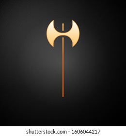 Gold Medieval axe icon isolated on black background. Battle, executioner axe. Medieval weapon.  Vector Illustration