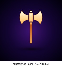 Gold Medieval axe icon isolated on dark blue background. Battle axe, executioner axe.  Vector Illustration