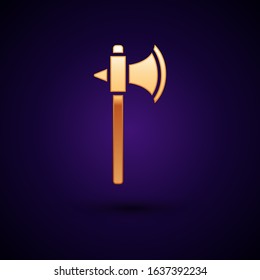 Gold Medieval axe icon isolated on dark blue background. Battle axe, executioner axe.  Vector Illustration