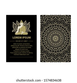 Gold meditating Buddha with ornamental lotus flower on a black background, vector invitation card template