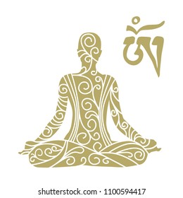 Gold meditating person with Tibetan OM symbol, logo