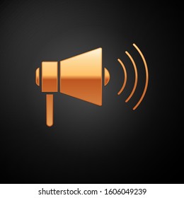 Gold Megaphone icon isolated on black background. Loud speach alert concept. Bullhorn for Mouthpiece scream promotion.  Vector Illustration