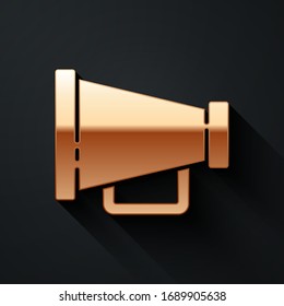 Gold Megaphone icon isolated on black background. Speaker sign. Long shadow style. Vector Illustration