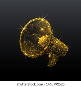 Gold megaphone. Low poly wireframe marketing blue background or concept with hand loudspeaker. Vector illustration. Online or digital marketing. Abstract polygonal image of speaker like as starry sky