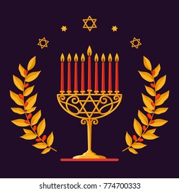 Gold Menorah with red candles. Hanukkah Vector card with Menorah, stars of David and gold branches on dark Background. Jewish holiday. Vector illustration