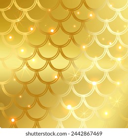 Gold Mermaid background made in bright azure tints. Square template with scale decoration. Unusual sea pattern.  