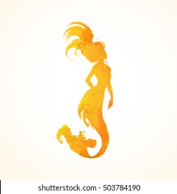 Gold mermaid. Realistic Silhouette sketch of singing mermaid in water splashes. Watercolor Vector illustration.