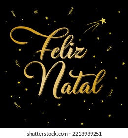 Gold Merry Christmas in Brazilian Portuguese and black background with shooting star. Translation - Merry Christmas.