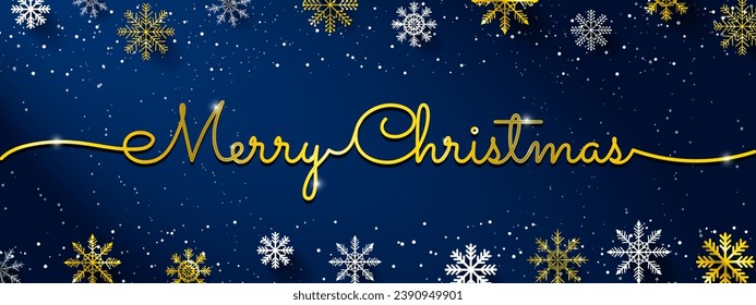 Gold Merry Christmas Calligraphic Monoline with cute 3d white and gold snowflakes on blue gradient background. Vector Illustrations. EPS 10.