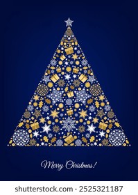 Gold Merry Christmas card design. Xmas tree and box,  snowflakes, Christmas  ball on blue background. Happy holidays ornaments. Seasons greetings border. Vector decoration elements for cover, banner.