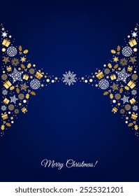 Gold Merry Christmas card design. Xmas tree and box,  snowflakes, Christmas  ball on blue background. Happy holidays ornaments. Seasons greetings border. Vector decoration elements for cover, banner.