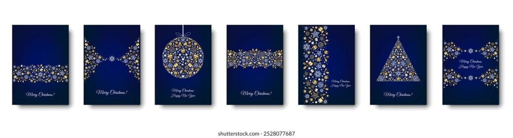 Gold Merry Christmas card design. Xmas tree and box,  snowflakes, Christmas  ball on blue background. Happy holidays ornaments. Seasons greetings border. Vector decoration elements for cover, banner.