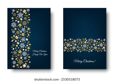 Gold Merry Christmas card design. Xmas tree and box,  snowflakes, Christmas  ball on blue background. Happy holidays ornaments. Seasons greetings border. Vector decoration elements for cover, banner.