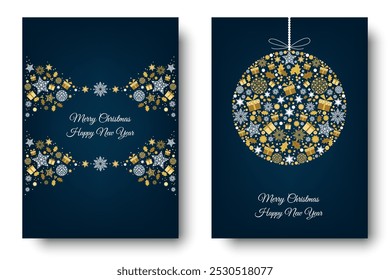 Gold Merry Christmas card design. Xmas tree and box,  snowflakes, Christmas  ball on blue background. Happy holidays ornaments. Seasons greetings border. Vector decoration elements for cover, banner.