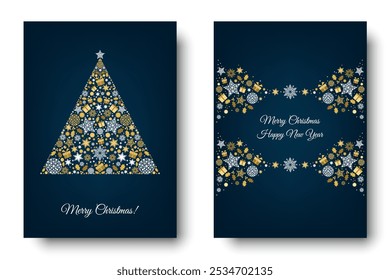 Gold Merry Christmas card design. Xmas tree and box,  snowflakes, Christmas  ball on blue background. Happy holidays ornaments. Seasons greetings border. Vector decoration elements for cover, banner.