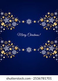Gold Merry Christmas card design. Xmas tree and box,  snowflakes, Christmas  ball on blue background. Happy holidays ornaments. Seasons greetings border. Vector decoration elements for cover, banner.