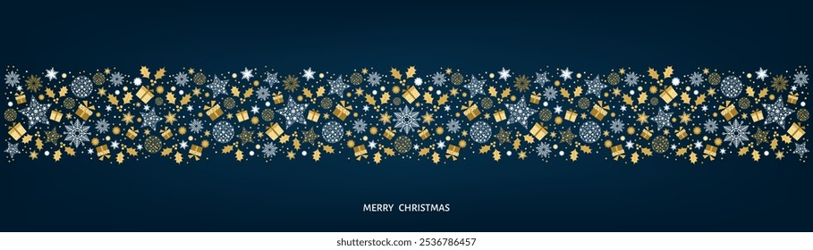 Gold Merry Christmas card design. Xmas tree and box,  snowflakes, Christmas  ball on blue background. Happy holidays ornaments. Seasons greetings border. Vector decoration elements for cover, banner.