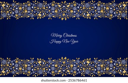 Gold Merry Christmas card design. Xmas tree and box,  snowflakes, Christmas  ball on blue background. Happy holidays ornaments. Seasons greetings border. Vector decoration elements for cover, banner.