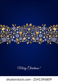 Gold Merry Christmas card design. Xmas tree and box,  snowflakes, Christmas  ball on blue background. Happy holidays ornaments. Seasons greetings border. Vector decoration elements for cover, banner.