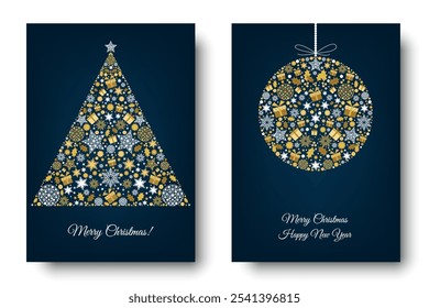 Gold Merry Christmas card design. Xmas tree and box,  snowflakes, Christmas  ball on blue background. Happy holidays ornaments. Seasons greetings border. Vector decoration elements for cover, banner.