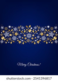 Gold Merry Christmas card design. Xmas tree and box,  snowflakes, Christmas  ball on blue background. Happy holidays ornaments. Seasons greetings border. Vector decoration elements for cover, banner.