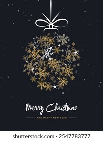 Gold Merry Christmas card design. Christmas ball of snowflakes on dark background. Happy holidays ornaments. Seasons greetings border. Vector decoration elements for cover, banner