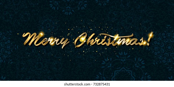 Gold Merry Christmas Card. Golden Shiny Glitter. Calligraphy Greeting Poster Template. Isolated dark Background