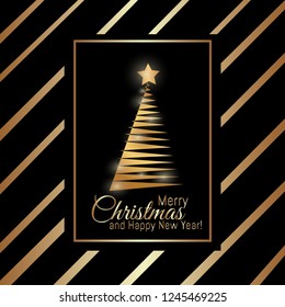 Gold Merry Christmas card with New Year tree and star on the black background. Beautiful Xmas tree for Merry Christmas celebration.