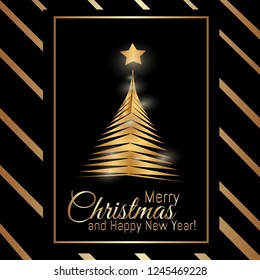 Gold Merry Christmas card with New Year tree and star on the black background. Beautiful Xmas tree for Merry Christmas celebration.