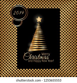 Gold Merry Christmas card with New Year tree and 2019 number on the stripe background. Beautiful Xmas tree for Merry Christmas celebration.