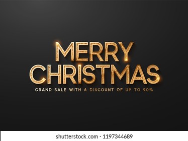 Gold Merry Christmas. Grand Sale With discount of up to 90% off. Banner, poster, logo golden color on black background.  Luxury elegant expensive font lettering text. vector illustration 