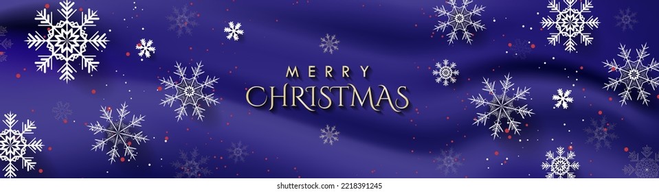 Gold Merry Christmas Greeting Banner on Beautiful Gradient Background with white 3d snowflakes. Vector Illustration. Perfect for headers, cover, banners, backgrounds, designs.