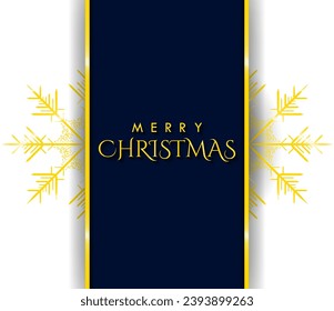 Gold Merry Christmas Greeting Banner in a vertical strip of blue band with gold lining and a complex snowflake, isolated on white background. Vector Illustration.	

