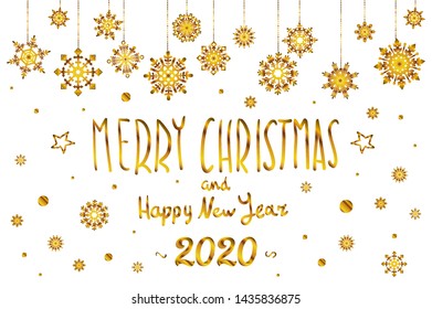 gold Merry Christmas and Happy New Year 2020 year snowflakes lettering design. Vector illustration EPS10