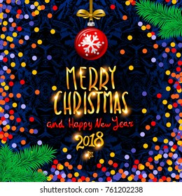 gold Merry Christmas and Happy New Year background with decoration on colorfull confetti. vector Typography card. Vector illustration. art