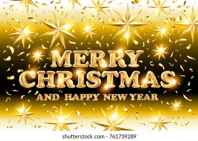 gold Merry Christmas and Happy New Year black shine background with decoration on golden light stars confetti. Vector illustration. Xmas card. art