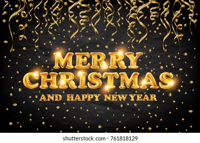 gold Merry Christmas and Happy New Year black background with decoration on golden light confetti. Vector illustration. Xmas card. art