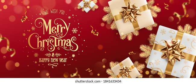 Gold Merry Christmas and New Year text on red holiday background with gift boxes, fir branches, ribbons, decoration, sparkles, confetti, bokeh, light. Xmas card. Vector Illustration, realistic vector