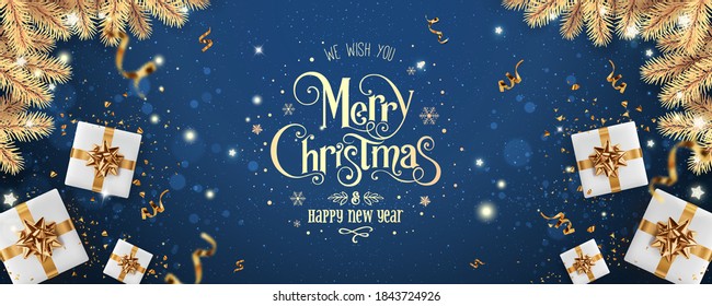 Gold Merry Christmas and New Year text on blue holiday background with gold gift boxes, fir branches, ribbons, decoration, sparkles, confetti, bokeh, light. Xmas card. Vector Illustration