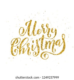 Gold Merry Christmas party handwritten lettering. Lettering design card template. Vector illustration.