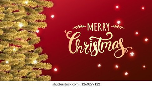 Gold Merry Christmas text on red background with gold garland of Christmas tree branches, stars. Xmas and New Year card. Vector Illustration