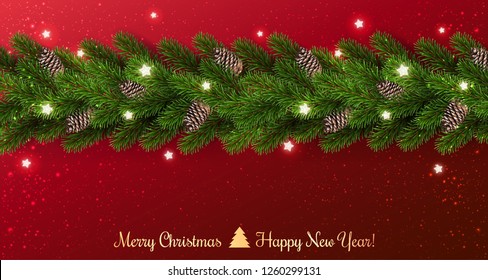 Gold Merry Christmas text on red background with garland of Christmas tree branches, stars. Xmas and New Year card. Vector Illustration