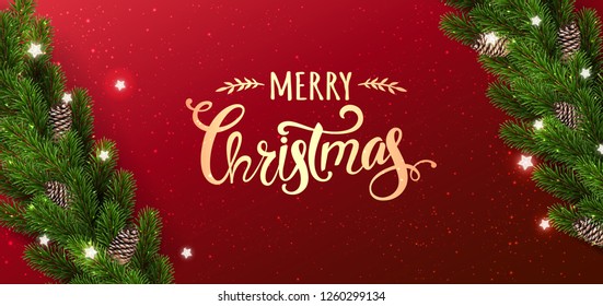 Gold Merry Christmas text on red background with garland of Christmas tree branches, stars. Xmas and New Year card. Vector Illustration
