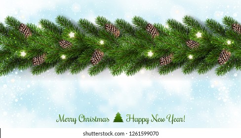 Gold Merry Christmas text on red background with garland of Christmas tree branches, stars. Xmas and New Year card. Vector Illustration