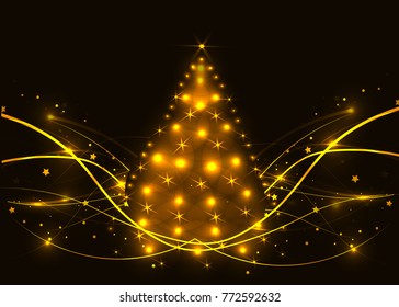  Gold Merry Christmas tree bokeh silhouette with gold lines.  Vector illustration for use - Sale sign, flyer, poster, shopping, card.