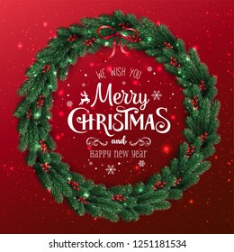 Gold Merry Christmas Typographical on red background with Christmas wreath of tree branches, berries, lights, bokeh. Xmas theme. Vector Illustration