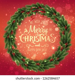 Gold Merry Christmas Typographical on red background with Christmas wreath of tree branches, berries, lights, bokeh. Xmas theme. Vector Illustration