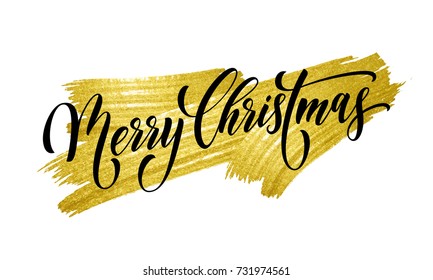 Gold Merry Christmas winter holiday greeting card. Vector calligraphy hand drawn font lettering on white and golden brush paint stroke background for Christmas, New Year and Xmas celebration postcard.