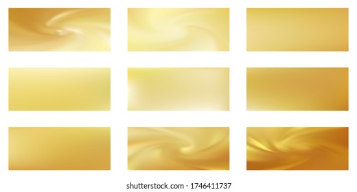 Gold mesh gradients vector collection. Golden foil glossy blurred backgrounds set. Metallic silk texture gold gradients abstract graphic design for web, sale ads. Shiny isolated badges.