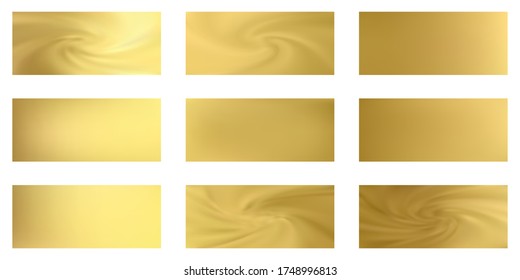 Gold mesh gradients vector collection. Golden foil glossy blurred backgrounds set. Metallic silk texture gold gradients abstract graphic design for web, sale ads. Shiny isolated badges.